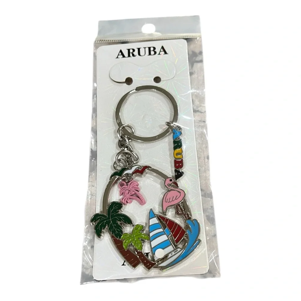 Aruba Tropical Keychain with Pink Flamingo and Blue Sailboat